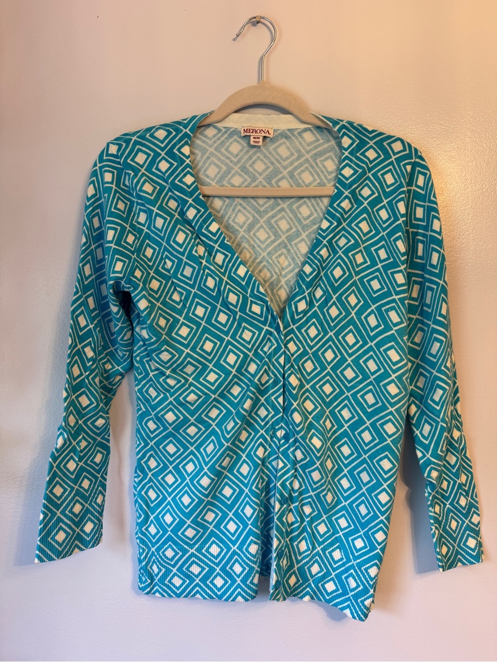Merona Teal & White Geometric Button Cardigan